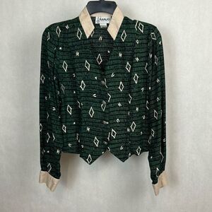 Vtg Banjo Button Down Shirt Sz Medium 90s Long Sleeve Green Black Cream Print